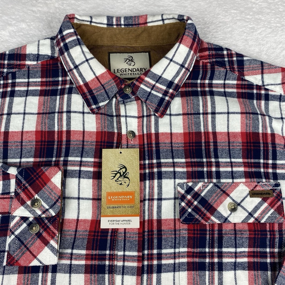 Legendary Whitetails Flannel Shirt Mens Large Red/Blue Plaid Corduroy Cuffs NWT!